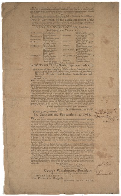 Konstitúció, első nyomás, kinyomtatta a Dunlap & Claypoole, 1787. szeptember 17-19. (lásd még GLC 695933, GLC 695934 és GLC 695935) alkotó: American School