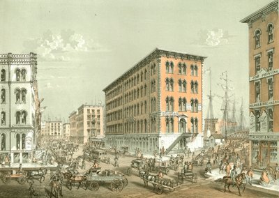 Clark és South Water Street sarka, a Chicago Illustrated-től, James W. Sheahan irodalmi leírásaival, a Jevne & Almini, Chicago, 1866-67 alkotó: American School