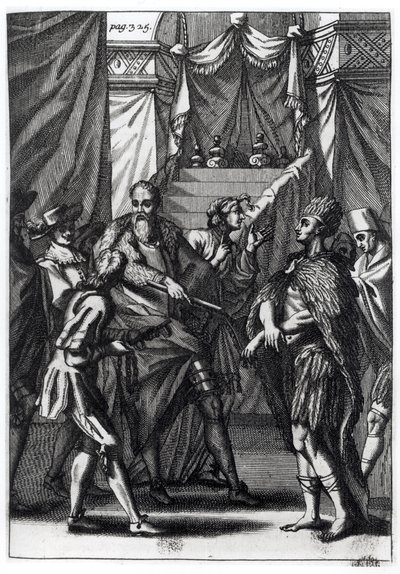 Cortes és Montezuma, Antonio de Solis y Rivadeneira Solis „Mexikó hódításának története” című művéből, 1691 alkotó: American School