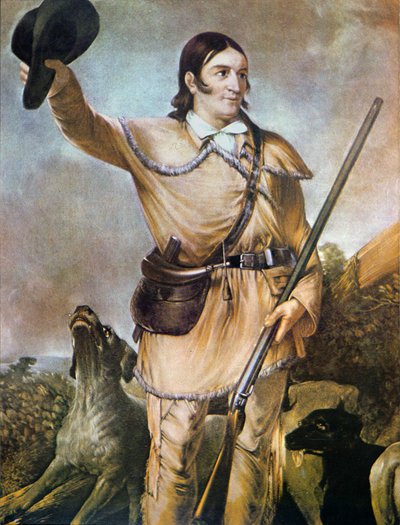 David (Davy) Crockett (1786-1836) vadászkutyáival 1836-ban (színes litó) alkotó: American School