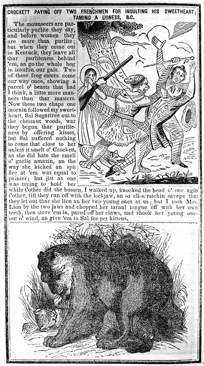 Davy Crockett kifizetett két franciát, mert megsértették kedvesét, megszelídítettek egy oroszlánt stb., illusztráció a Crocketts Almanackból alkotó: American School