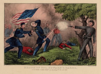 Edward D. Baker ezredes halála a Balls Bluff csatában, Leesburg VA. közelében, 1861. október 21., pub. szerző: Currier & Ives, 1861 körül alkotó: American School