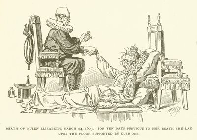 Erzsébet királynő halála, 1603. március 24. Halála előtt tíz napig a padlón feküdt, párnákkal megtámasztva. alkotó: American School