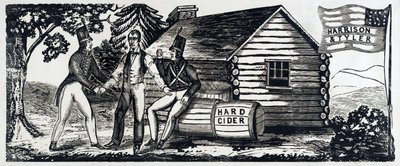 Az 1840-es Harrison és Tyler elnökválasztási kampány jelképe, kocsma. 1840 (fametszet) alkotó: American School