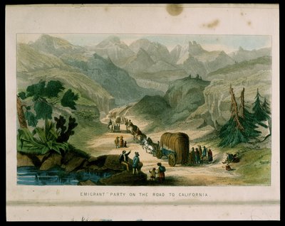 Emigrant Party on the Road to California 1596-ban, Kalifornia illusztrációja, múltja, jelenlegi helyzete, jövőbeli kilátásai, G.A. Fleming, 1850 alkotó: American School