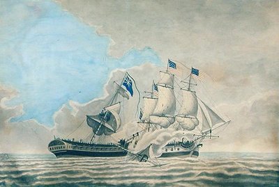 Eljegyzés az amerikai fregatt Constund és a H.M.S. között Guerriere (akvarell, gouache és tinta papíron) alkotó: American School