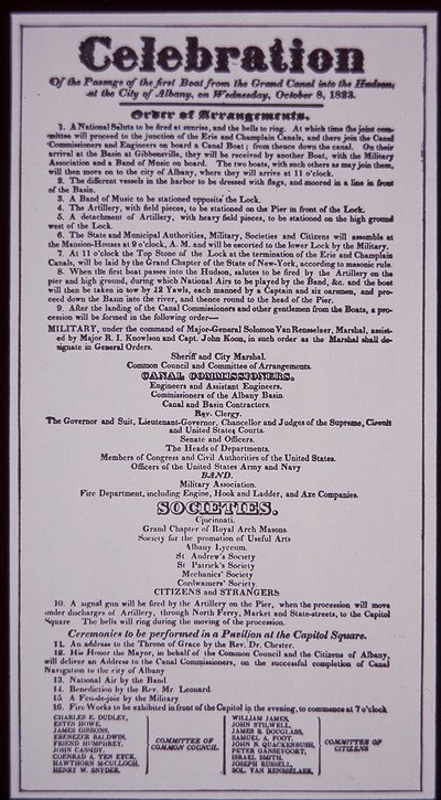 Erie-csatorna: a New York állam csatornarendszerének kulcsfontosságú része; A megnyitását ünneplő 1823. október 8-i Broadside (1825-ben fejeződött be) (litho) alkotó: American School