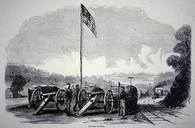 Szövetségi homokzsák akkumulátor a vasút védelmére az amerikai polgárháború idején (1861-65) (litho) alkotó: American School