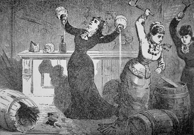 A Szalonellenes Liga női tagjai összetörnek egy szalont, Fredericktownban, Ohio államban, a „Police Gazette”-ből alkotó: American School