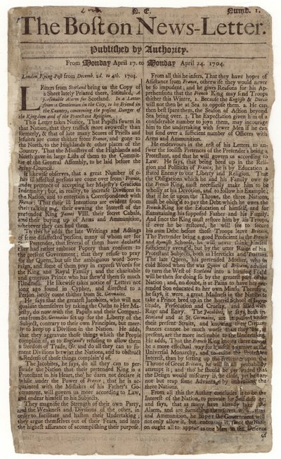 A Boston News-Letter első száma, 1704 (újságpapír) alkotó: American School