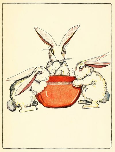 Flopsy, Mopsy és Cotton-Tail kenyeret, tejet és szedret fogyasztott vacsorára alkotó: American School