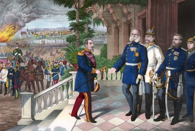 Francia-porosz háború 1870-1871: III. Napóleon megadása a sedani csata után, 1870. szeptember 2. Színes metszet, amerikai, c1871 - 1870-es háború: III. Napóleon (1808-1873) fogoly a sedani csatát követően találkozik Vilmossal I. porosz (1797- alkotó: American School