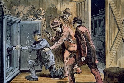 Frank és Jesse James Gang kirabolják egy vonat gyorskocsiját 1879-ben (színes litó) alkotó: American School