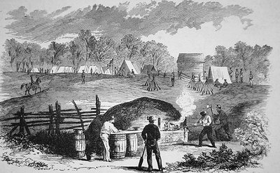 Friss kenyér! - A New York-i önkéntesek 19. ezredének rögtönzött sütője, Banks tábornok hadosztályában, Nyugat-Marylandben (metszet). alkotó: American School
