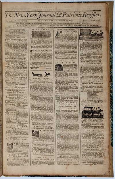 A New York Journal and Patriot Register címlapja, 1793. augusztus 21 alkotó: American School