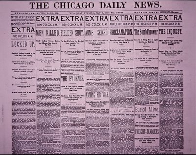 A Chicago Daily News címlapja a Chicago Haymarket Labor Riotról tudósít, 1886. május 5. (újságpapír) alkotó: American School