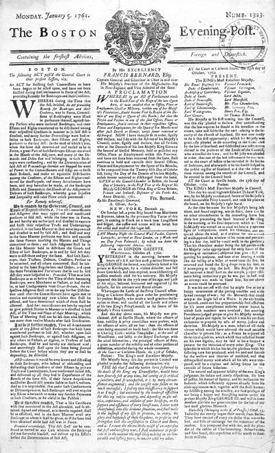 A Boston Evening Post címlapja, amely bejelenti II. György király (1683-1760) halálát, 1761. január 5. (nyomtatott) alkotó: American School