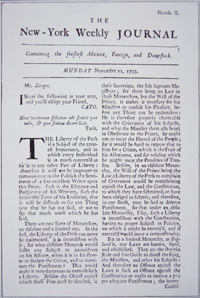 A New-York Weekly Journal címlapja a sajtószabadságról alkotó: American School