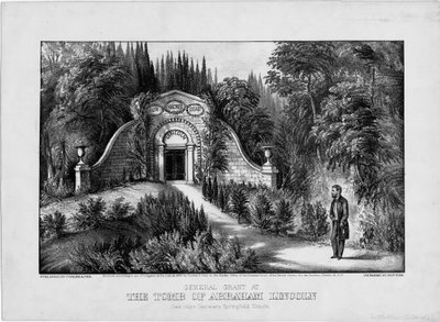Grant tábornok Abraham Lincoln sírjánál, Oak Ridge Cemetery, Springfield, Illinois, pub. Currier & Ives, 1868 alkotó: American School