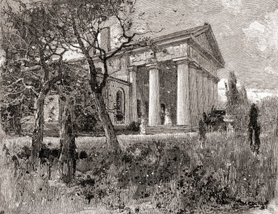 Robert E. Lee tábornok háza, Arlington, Virginia, a 19. században, a "The Century Illustrated Monthly Magazine" című, 1884-ben kiadott lapból (metszet). alkotó: American School