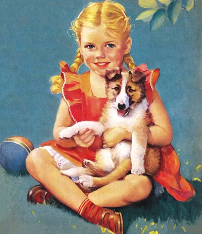Lány, aki egy collie kölyökkutyát tart alkotó: American School