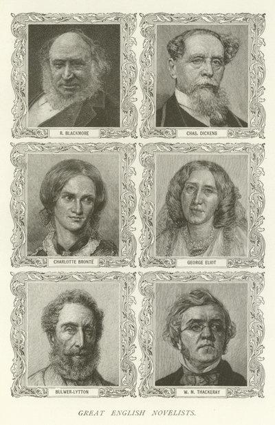 Nagy angol regényírók, R Blackmore, Charles Dickens, Charlotte Bronte, George Eliot, Bulwer-Lytton, W M Thackeray alkotó: American School