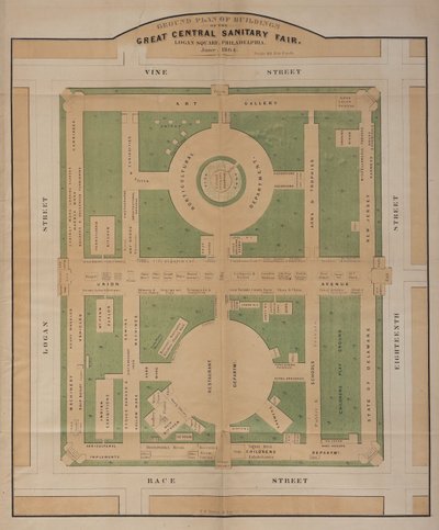 A Nagy Központi Egészségügyi Vásár épületeinek alaprajza, Logan Square, 1864. június (színes litográfia) alkotó: American School