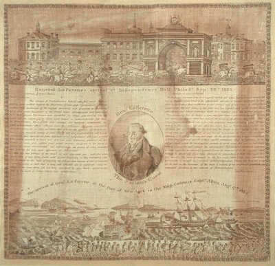 Lafayette tábornok (1757-1834) 1824-es érkezésének emlékére készült zsebkendő (pamut) alkotó: American School