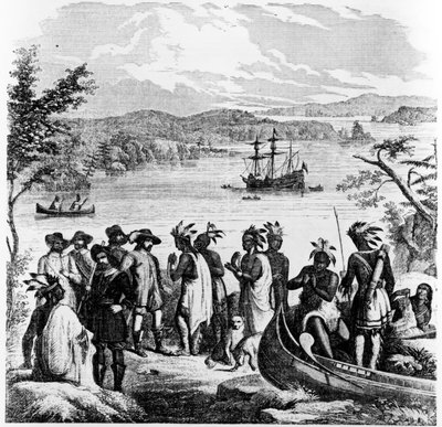 Henry Hudson leereszkedik a Hudson folyón, illusztráció Ballou Képi rajzszoba-társából, 1856. április 12. alkotó: American School