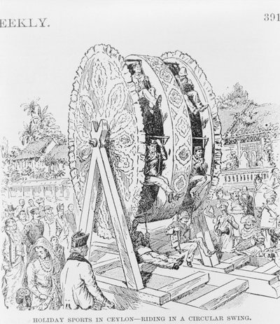 Nyaralási sportok Ceylonban, kör alakú kerékben, 1893 körül (illusztráció) alkotó: American School