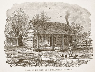 Lincoln otthona Gentryville-ben, Indiana államban, egy könyves kocsmából. 1896 alkotó: American School