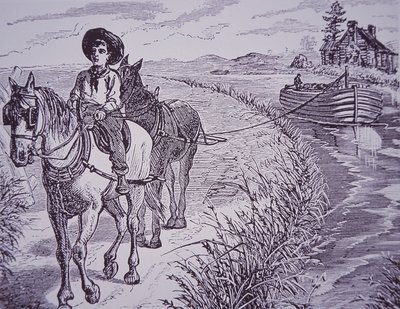 Lovak húzzák a csatornahajót a vontatóúton, Erie-csatorna (metszet) alkotó: American School