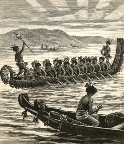 Illusztráció a maori harcosokról kenuban alkotó: American School