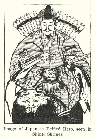 A japán istenített hős képe, a sintó szentélyekben látható (metszet) alkotó: American School