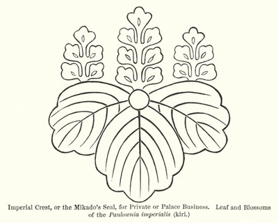 Birodalmi címer vagy Mikado pecsétje magán- vagy palotaüzletekhez, Paulownia imperialis levelei és virágai, kiri (metszet) alkotó: American School