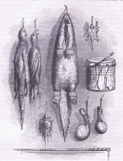 Indiai gyógyszertáska, rejtélyes síp, csaták és dob 1661, illusztráció Cassell története az Egyesült Államok pubjából. készítette: Petter & Galpin 1890 körül (litho) alkotó: American School