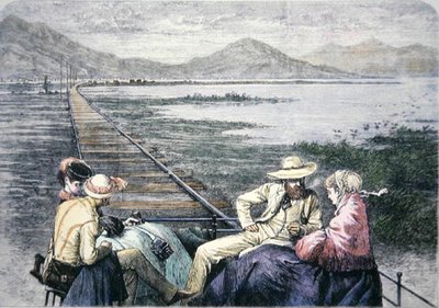 Ellenőrző kocsi a Pacific Railroadon, 1870 körül (színes metszet) alkotó: American School