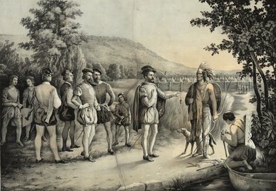 Jacques Cartier, első interjúja az indiánokkal Hochelagában, most Montrealban 1535-ben, 1850 körül alkotó: American School