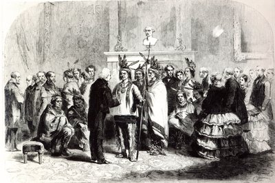 James Buchanan, az Egyesült Államok elnöke, kézfogásra készteti a pawneek és a poncák ellenséges törzseit, 1858 alkotó: American School