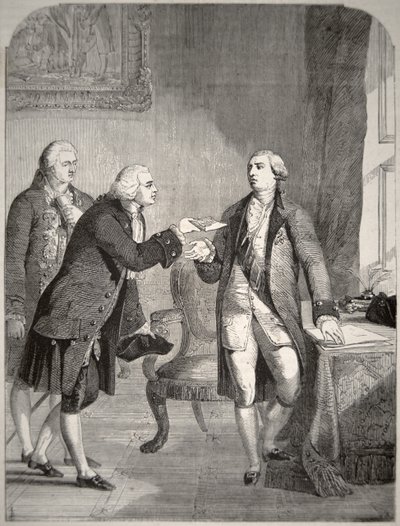 John Adams (1735-1826), mint az első amerikai nagykövet az angol udvarban, átadta megbízólevelét III. György királynak (1738-1820) (litográfia) alkotó: American School