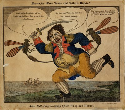 John Bullt gyötrelembe szúrta a Darázs és a Hornet, 1813 (kézzel színezett domborművágás) alkotó: American School