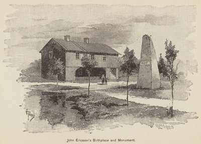 John Ericsson szülőháza és emlékműve (metszet) alkotó: American School
