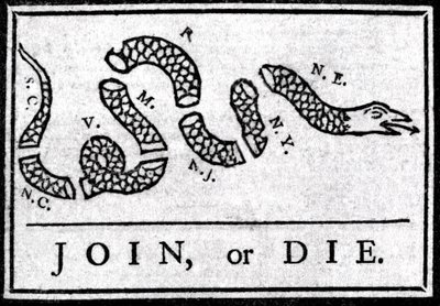 A Join or Die című rajz az első politikai karikatúra, amelyet a „Pennsylvania” Gazette-ben publikált Benjamin Franklin 1754-ben. Ez egy több részre osztott kígyót ábrázol a „Csatlakozz vagy halj meg” felirattal. Ez egy felhívás a 13 amerikai c alkotó: American School