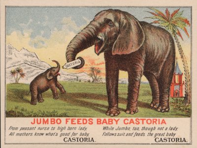 A Jumbo eteti Castoria babát, Fletcher Castoria gyógyszerének reklámja, P T Barnum híres cirkuszi elefántjával alkotó: American School