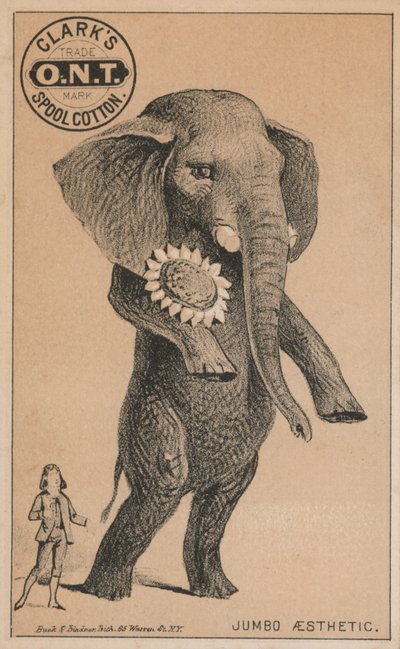Jumbo érkezése, hirdetés Clark orsó pamutjáról, P T Barnum híres cirkuszi elefántjával alkotó: American School