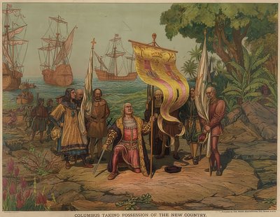 Kolumbusz 1492. október 12-én landol San Salvador szigetén. 1893 alkotó: American School