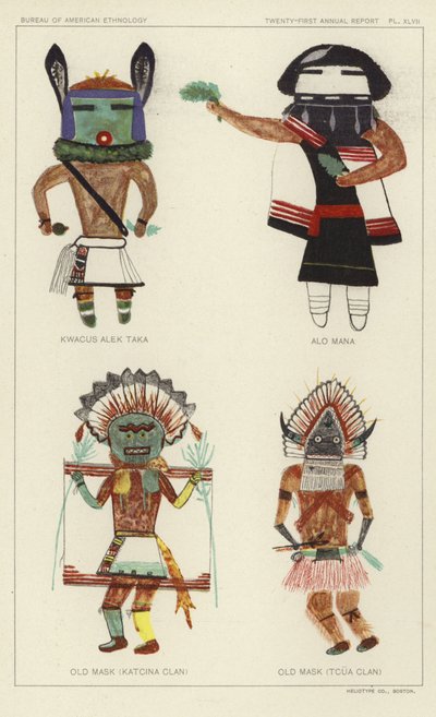 Kwacus Alek Taka, Alo Mana, Régi maszk (Katcina klán), Régi maszk (Tcua klán) (színes litográfia) alkotó: American School