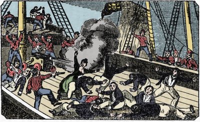 Jean Lafitte (1780-1826) kalóz úriember halála, „A kalóz saját könyve” metszet 1837. alkotó: American School