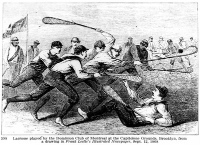 Lacrosse-t a montreali Dominion Club játszott a Capitoline Grounds-ban, Brooklynban, Frank Leslie Illustrated Newspaper című rajzából. alkotó: American School