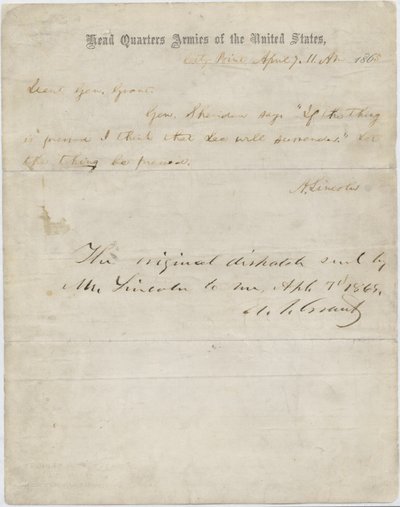 Abraham Lincoln levele Ulysses S. Grant tábornoknak, 1865. április 7. alkotó: American School